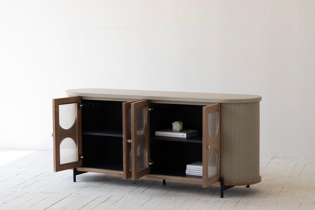 Sideboard „Lunara“ – Aus Eichenholz, Birke, Stahl und Glas