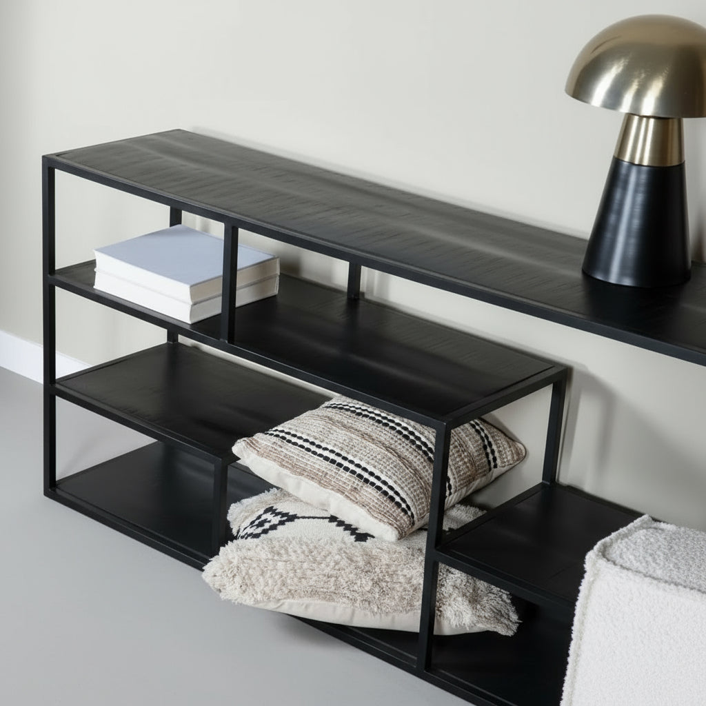 Regal „Huub“ – Schwarzes Regal aus Mangoholz & Metall